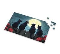500 Piece Puzzles Four Black Cats Sit On A Fence, Gazing At A Full Moon. Picture Puzzle Puzzles For Kids Ages 4-6 Toys For Boys 6-8(300PCS)
