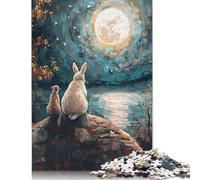 500 Piece Rabbit And Cat Under Full Moon Jigsaw Puzzles for Adult Teenagers Wooden Puzzle Jigsaws for Adults Learning Educational Toy 500pcs (52x38cm)