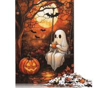 500 Piece Stained Glass Ghost And Coffee Under The Moon Puzzle For Adults | Large Jigsaw Puzzle with Premium & Durable Wooden Block Pieces with Precise Interlocking Design 500pcs (52x38cm)