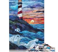 500 Piece Stained Glass Lighthouse Sunset Square Puzzles for Adults, Wooden Puzzles Family Entertainment Toys 500pcs (52x38cm)