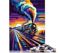 500 Piece Steam Train Sunset Wpap Square Puzzles for Adults & Wooden Puzzles Educational Game 500pcs (52x38cm)