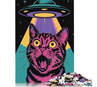 500 Piece Surprised Cat Ufo Jigsaw Square Puzzle for Adults & Wooden Puzzles Educational Game Challenge Toy 500pcs (52x38cm)