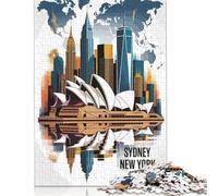 500 Piece Sydney And New York Cityscape Illustration Jigsaw Puzzles, for Adults & Wooden Puzzles Educational Games For Kids 500pcs (52x38cm)