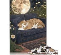 500 Piece Tabby Cat Sleeping Under The Moon Square Puzzle for Adults, Wooden Puzzles Puzzle Hands-on Game 500pcs (52x38cm)