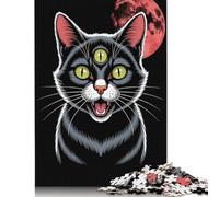 500 Piece 'Three-Eyed Cat with Red Moon Jigsaw Puzzle for Adult Teenagers Puzzle Jigsaws for Adults Teenagers Age 14+ 500pcs (52x38cm)