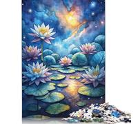 500 Piece Watercolor Lotus Pond at Night Square Puzzles for Adults, Wooden Puzzles Toy Wall Decor 500pcs (52x38cm)