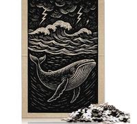 500 Piece Whale in Stormy Sea Woodcut Illustration Puzzles for Adults Wooden Puzzles Educational Game for Children As A 500pcs (52x38cm)