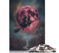 500 Piece Witches Flying on Broomstick with Red Moon Creative Square Jigsaw Puzzles for Adults & Wooden Puzzles Educational Toys 500pcs (52x38cm)