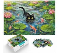 500 Piece Wooden Jigsaw Puzzle for Adults, Black cat swimming in a pond | Section-by-section building - focused tabletop leisure at home.