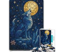 500 Piece Wooden Jigsaw Puzzle for Adults, Blue Wolf Howling at the Moon | Border-first building - a simple way to organise the image alone or together.