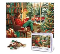 500 Piece Wooden Jigsaw Puzzle for Adults - Cozy Christmas Reading Scene with Cat & Winter Wonderland, Festive for Book Lovers & Cat Enthusiasts