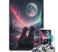 500 Piece Wooden Jigsaw Puzzle for Adults, Dogs Watching Aurora Borealis