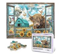 500 Piece Wooden Jigsaw Puzzle for Adults - Funny Highland Cow with Humorous Live Like Someone Left The Gate Open Quote, Farmhouse Decor Gift for Cow Lovers