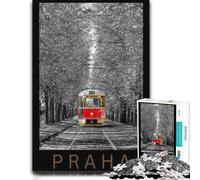 500 Piece Wooden Jigsaw Puzzle for Adults, Prague Tram in Black and White
