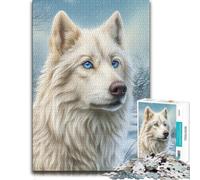 500 Piece Wooden Jigsaw Puzzle for Adults, White Wolf with Blue Eyes