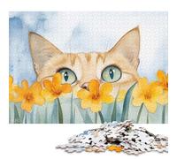 500 Piece Wooden Jigsaw Puzzles for Adults Curious Cat in Flowers Jigsaw Puzzle for Children Family Games 500pcs (52x38cm)