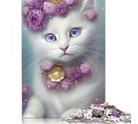 500 Piece Wooden Jigsaw Puzzles for Adults Floral White Cat Portrait Jigsaw Puzzle for Children Family Games 500pcs (52x38cm)