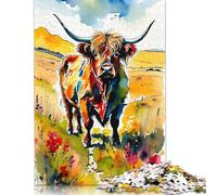 500 Piece Wooden Jigsaw Puzzles Highland Cow Watercolor Jigsaw Puzzle Family Activity 500pcs (52x38cm)