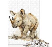 500 Pieces Baby Rhino Watercolor Jigsaw Square Puzzle for Adults Wooden Puzzles Unique Challenge Games 500pcs (52x38cm)