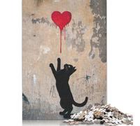 500 Pieces Black Cat And Red Heart Jigsaw Puzzles Wooden Puzzles for Adults & Teenager Brain Teaser Puzzles For Adults 500pcs (52x38cm)