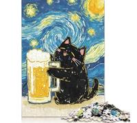 500 Pieces Black Cat Beer Starry Night for Adults Difficult Jigsaw Puzzles Wooden Puzzle for Adults And Teenager Jigsaw Puzzles for Adult 500pcs (52x38cm)