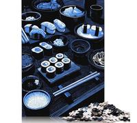 500 Pieces Blue Monochrome Sushi Feast for Adults Difficult Jigsaw Puzzles Wooden Puzzles for Adults Family Entertainment Toys 500pcs (52x38cm)