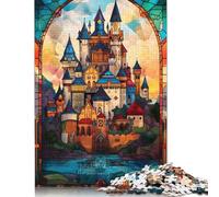500 Pieces Castle Stained Glass Jigsaw Square Puzzle for Adults Wooden Puzzles Unique Challenge Games 500pcs (52x38cm)