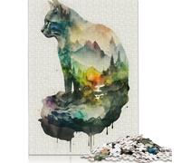 500 Pieces Cat Nature Watercolors Jigsaw Puzzle Wooden Puzzle Adult Jigsaw Puzzle Sustainable Puzzle for Adults 500pcs (52x38cm)