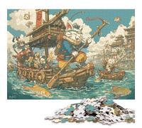 500 Pieces Cat Warriors on The Sea Jigsaw Square Puzzle for Adults Wooden Puzzles Unique Challenge Games 500pcs (52x38cm)
