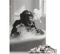 500 Pieces Chimpanzee Smoking in Bathtub Creative Square Wooden Jigsaw Puzzles for Adults Educational Game Challenge Toy 500pcs (52x38cm)