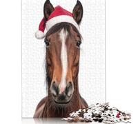 500 Pieces Christmas Horse with Santa Hat Jigsaw Puzzles for Adults Wooden Puzzle Jigsaws for Adults Stress Relief Toys 500pcs (52x38cm)