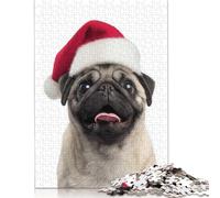 500 Pieces Christmas Pug with Santa Hat Jigsaw Puzzles for Adults Wooden Puzzle Jigsaws for Adults Stress Relief Toys 500pcs (52x38cm)