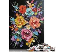 500 Pieces Colorful Floral Bouquet Painting on Black for Adults Difficult Jigsaw Puzzles Puzzles for Adults Family Activity Jigsaw Puzzles 500pcs (52x38cm)