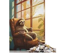 500 Pieces Cute Sloth Coffee Morning Jigsaw Puzzles for Adults Wooden Puzzle Educational Game for Adult Teenagers 500pcs (52x38cm)