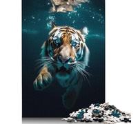 500 Pieces Diving Tiger in Blue Water Jigsaw Puzzles Wooden Puzzles for Adults & Teenager Brain Teaser Puzzles For Adults 500pcs (52x38cm)