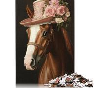 500 Pieces Horse in Pink Hat Jigsaw Puzzles for Adults Wooden Puzzles for Adults Puzzles Learning Educational Toys 500pcs (52x38cm)