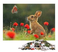 500 Pieces Jigsaw Puzzle Bunny Looking at Butterfly in Poppy Field in The Rain Jigsaw Puzzles for Adults Wooden Puzzles Home Decor Birthday Present 500pcs (52x38cm)