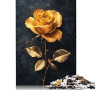 500 Pieces Jigsaw Puzzle Golden Rose on Black Square Puzzle for for Adults Children, Wooden Puzzle Game 500pcs (52x38cm)