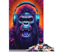500 Pieces Jigsaw Puzzle Monkey Headphone Dj Music Square Puzzle for for Adults Children, Wooden Puzzle Game 500pcs (52x38cm)