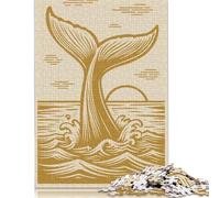 500 Pieces Jigsaw Puzzle Whale Tail with Sun And Waves Golden Beige Square Puzzle for for Adults Children, Wooden Puzzle Game 500pcs (52x38cm)