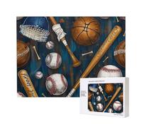 500 Pieces Jigsaw Puzzle with Storage Box, Baseball Basketball Football Hockey Printed Wooden Puzzle 52x38 CM for Adults Kids Family Fun Decorative Game