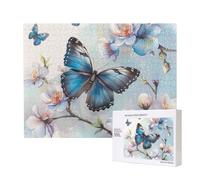 500 Pieces Jigsaw Puzzle with Storage Box, Blue Butterfly On Blossom Flower Printed Wooden Puzzle 52x38 CM for Adults Kids Family Fun Decorative Game
