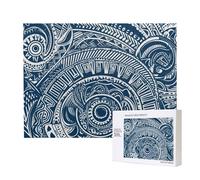 500 Pieces Jigsaw Puzzle with Storage Box, Blue Polynesian Maori Tribal Pattern Printed Wooden Puzzle 52x38 CM for Adults Kids Family Fun Decorative Game