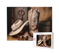 500 Pieces Jigsaw Puzzle with Storage Box, Cowboy Black Hat Western Boots Printed Wooden Puzzle 52x38 CM for Adults Kids Family Fun Decorative Game