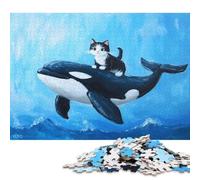 500 Pieces Jigsaw Puzzles Cat Riding Orca Jigsaw Puzzles for Adults Woodenboard Puzzles Challenging Game Puzzles 500pcs (52x38cm)