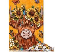 500 Pieces Jigsaw Puzzles Floral Highland Cow Art Creative Square Jigsaw Puzzles for Adults And Wooden Puzzles Challenging Game 500pcs (52x38cm)