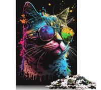 500 Pieces Jigsaw Puzzles for Adult Cat with Sunglasses Puzzle Wooden Rectangle Creative Jigsaw Gift for Friends Family 500pcs (52x38cm)