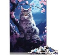 500 Pieces Jigsaw Puzzles for Adults Cat Cherry Blossom Japan Square Wooden Puzzles Unique Piece Puzzle Educational Fun Games Toys 500pcs (52x38cm)