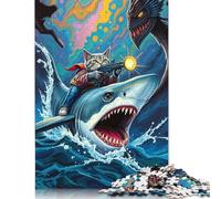 500 Pieces Jigsaw Puzzles for Adults Cat with Guns Riding Shark Square Jigsaw Puzzles, for Adults And Teenager, Wooden Puzzles Home Art Decor 500pcs (52x38cm)