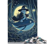 500 Pieces Jigsaw Puzzles for Adults Cat Wizard Riding Whale in Forest Square Wooden Puzzles Unique Piece Puzzle Educational Fun Games Toys 500pcs (52x38cm)